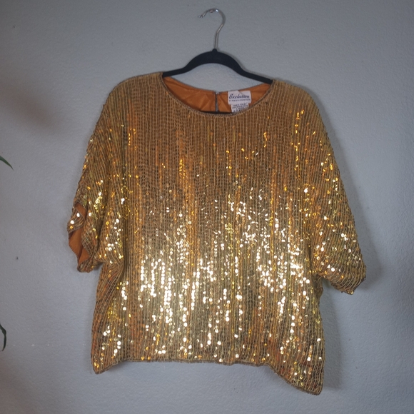 Vintage Silk Gold Sequined Made In India Dolman Sleeve Metallic Crew Neck L - Picture 2 of 12